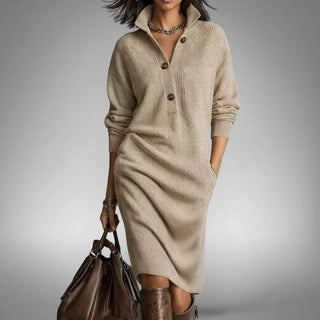 Elyon abito in maglia beige con colletto a bottoni
