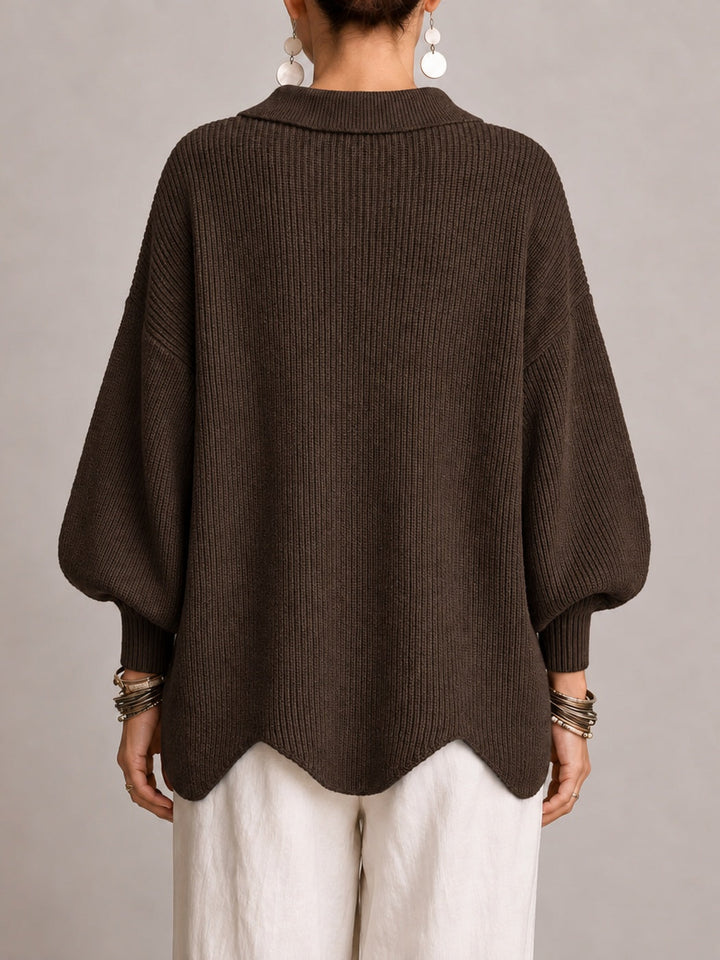 Graziella | Cardigan Oversize a Coste con Orlo Smerlato, Marrone Cioccolato