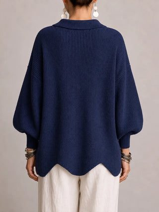 Milena | Cardigan Oversize a Coste con Orlo Smerlato, Blu Navy