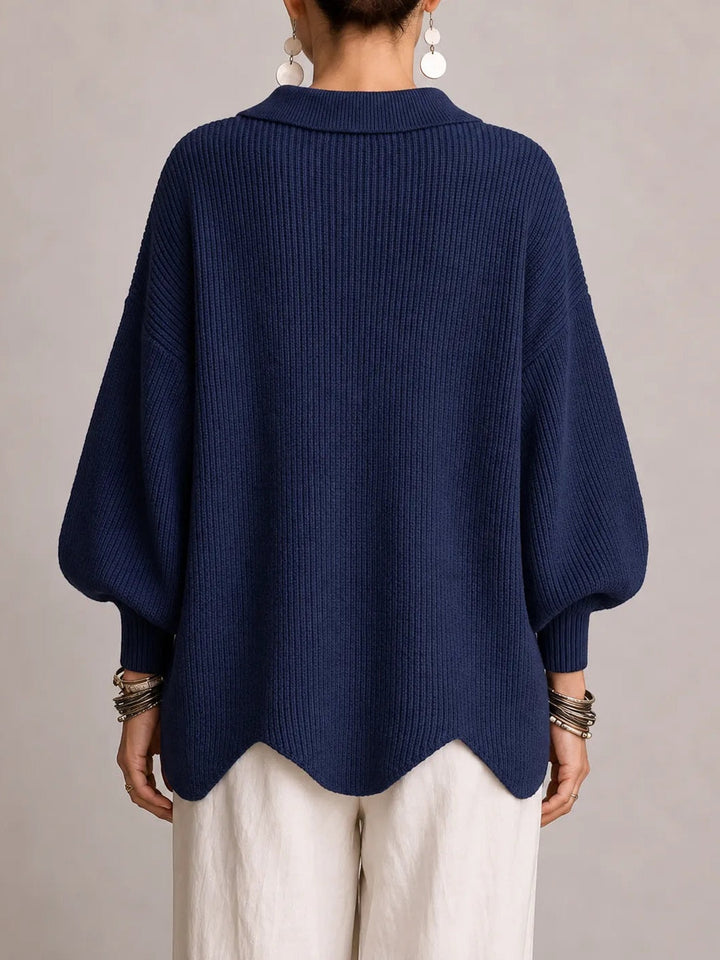 Milena | Cardigan Oversize a Coste con Orlo Smerlato, Blu Navy