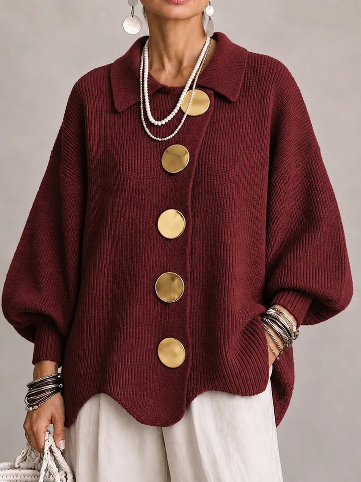 Loredana | Cardigan Oversize a Coste con Orlo Smerlato, Bordeaux