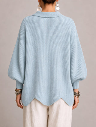 Oriana | Cardigan Oversize a Coste con Orlo Smerlato, Azzurro Polvere