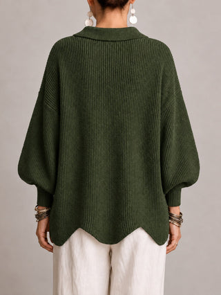 Elvira | Cardigan Oversize a Coste con Orlo Smerlato, Verde Oliva