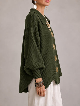 Elvira | Cardigan Oversize a Coste con Orlo Smerlato, Verde Oliva