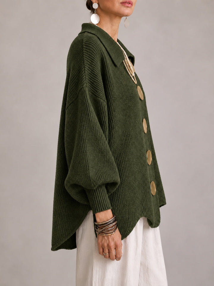 Elvira | Cardigan Oversize a Coste con Orlo Smerlato, Verde Oliva