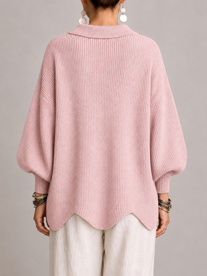 Clelia | Cardigan Oversize a Coste con Orlo Smerlato, Rosa Cipria