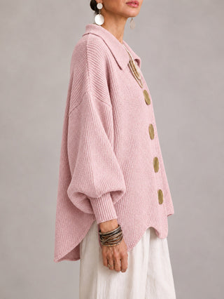 Clelia | Cardigan Oversize a Coste con Orlo Smerlato, Rosa Cipria