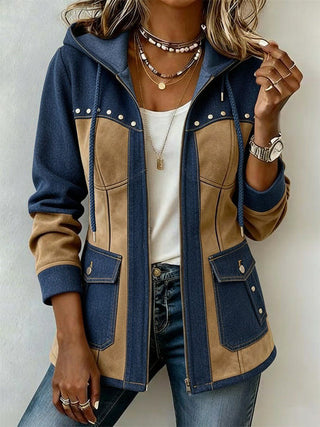 Loretta | Giacca con Cappuccio in Blu Marino e Cammello